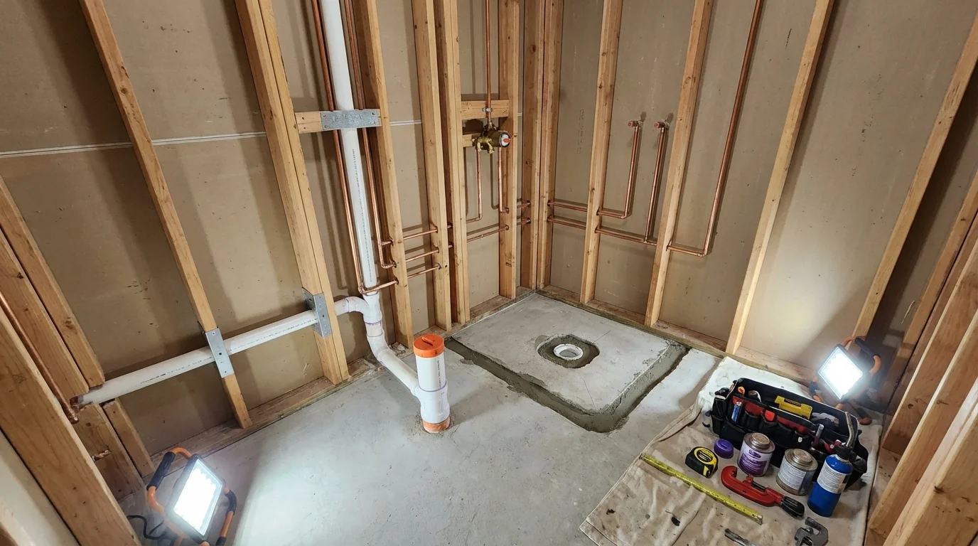 Bathroom rough-in plumbing during remodel by Johns Plumbing LLC in Gerald