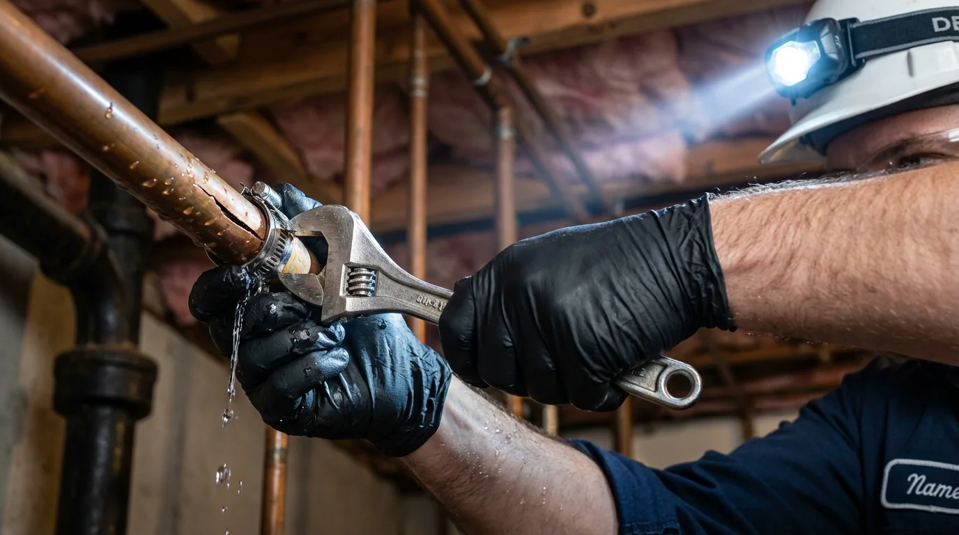 Emergency pipe clamp repair being performed by a Johns Plumbing LLC plumber in Gerald