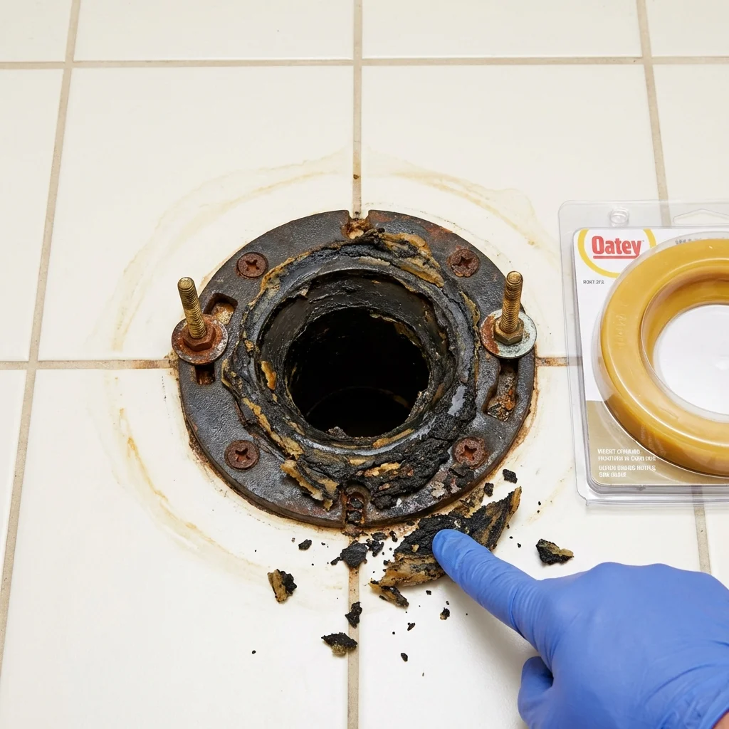 Failed wax ring showing water seepage at the base of a toilet in a Gerald, MO home