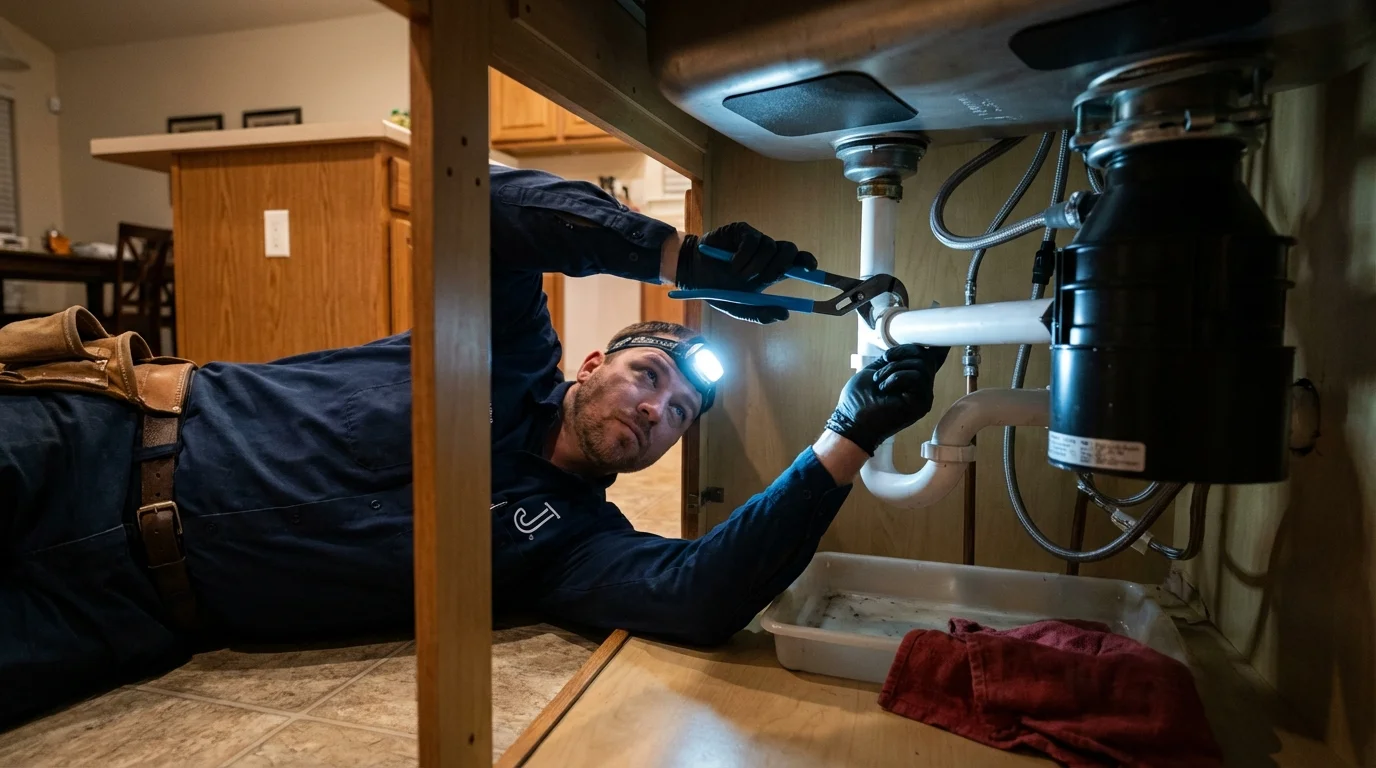 P-trap and supply line connections under a kitchen sink showing a common leak point in Gerald, MO